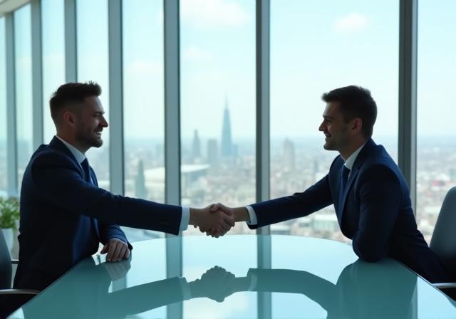 Two professionals shaking hands in a bright boardroom