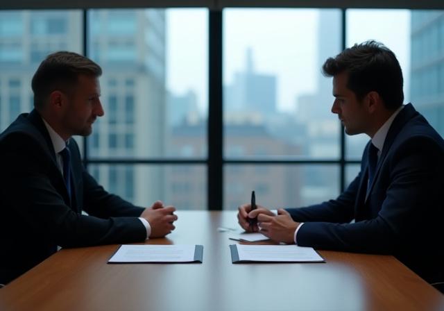 Professional legal business meeting in a London office with focus on contract documents